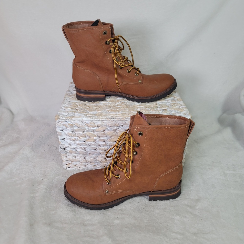 Rock & Candy by Zigi Tan Combat Boots Granola Girl Plaid Cuff 8 Gorpcore Utility